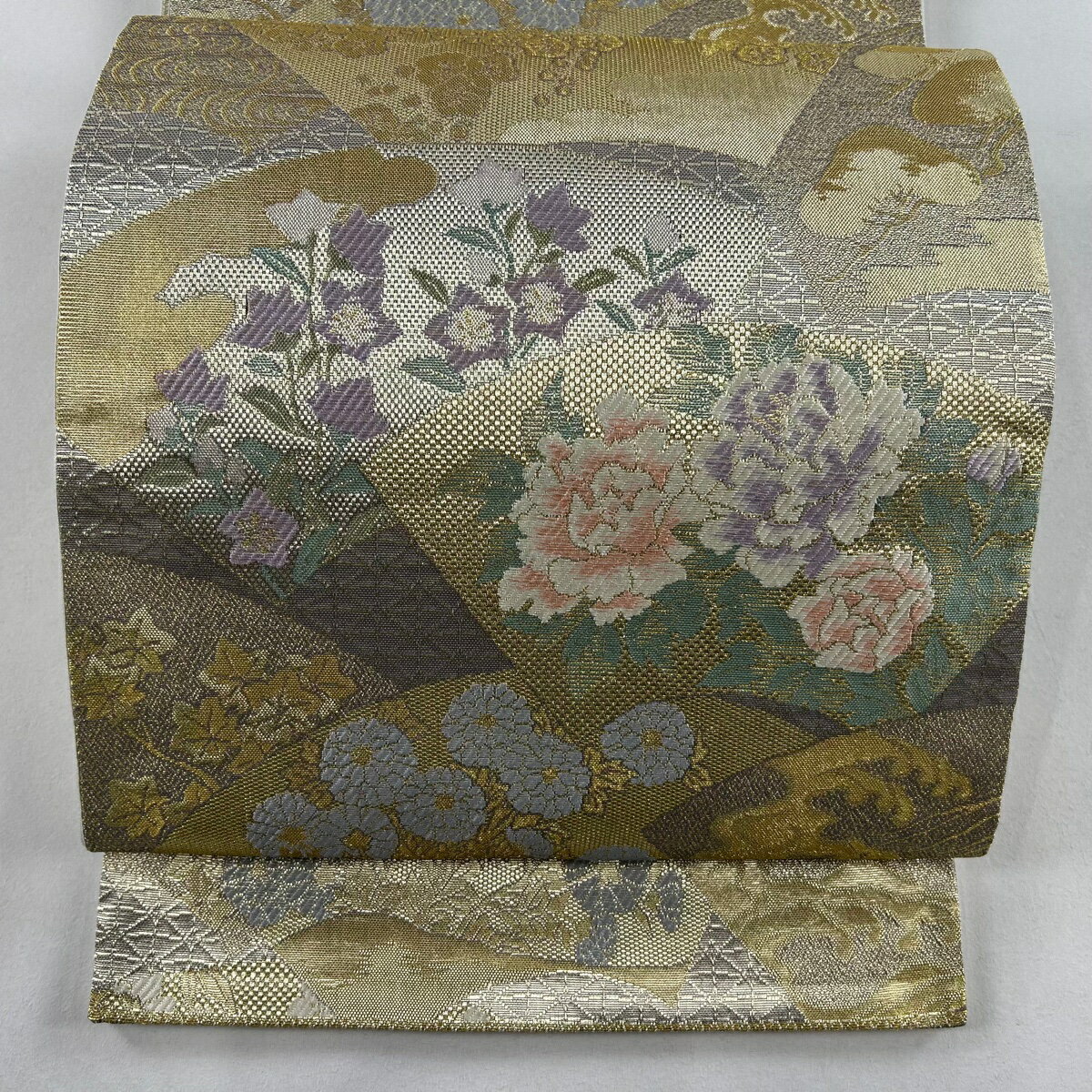 袋帯 美品 秀品 扇面 草花 金糸 箔 金色 六通 正絹 【中古】