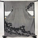 訪問着 身丈162cm 裄丈65.5cm M 袷 菊 松 絞り 黒灰 正絹 名品 【中古】