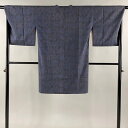 道行 身丈102cm 裄丈69cm L 和装コート 角衿 紬地 花唐草 紺色 正絹 逸品 【中古】