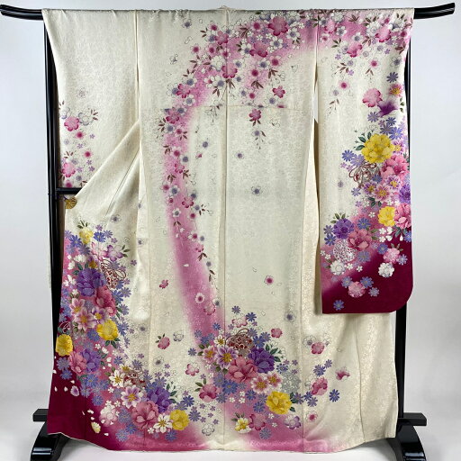 振袖 身丈167cm 裄丈68.5cm L 袷 鈴 草花 箔 銀彩 クリーム 正絹 名品 【中古】 振袖 身丈167cm 裄丈68.5cm L 袷 鈴 草花 箔 銀彩 クリーム 正絹 名品 【中古】