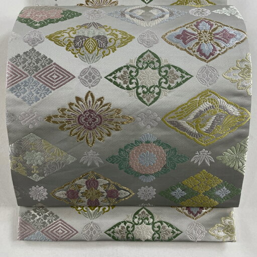 袋帯 美品 名品 花菱 向かい鳥 金糸 箔 灰緑 六通 正絹 【中古】 袋帯 美品 名品 花菱 向かい鳥 金糸 箔 灰緑 六通 正絹 【中古】