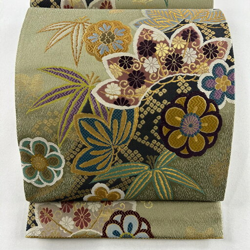 袋帯 美品 秀品 慶長佳祥文 松竹梅 金糸 鶯色 六通 正絹 【中古】 袋帯 美品 秀品 慶長佳祥文 松竹梅 金糸 鶯色 六通 正絹 【中古】
