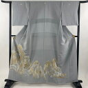 色留袖 身丈160cm 裄丈64cm M 袷 千總 背抜き 落款あり 樹木 笠松 刺繍 金糸 灰色 正絹 逸品 五つ紋 【中古】