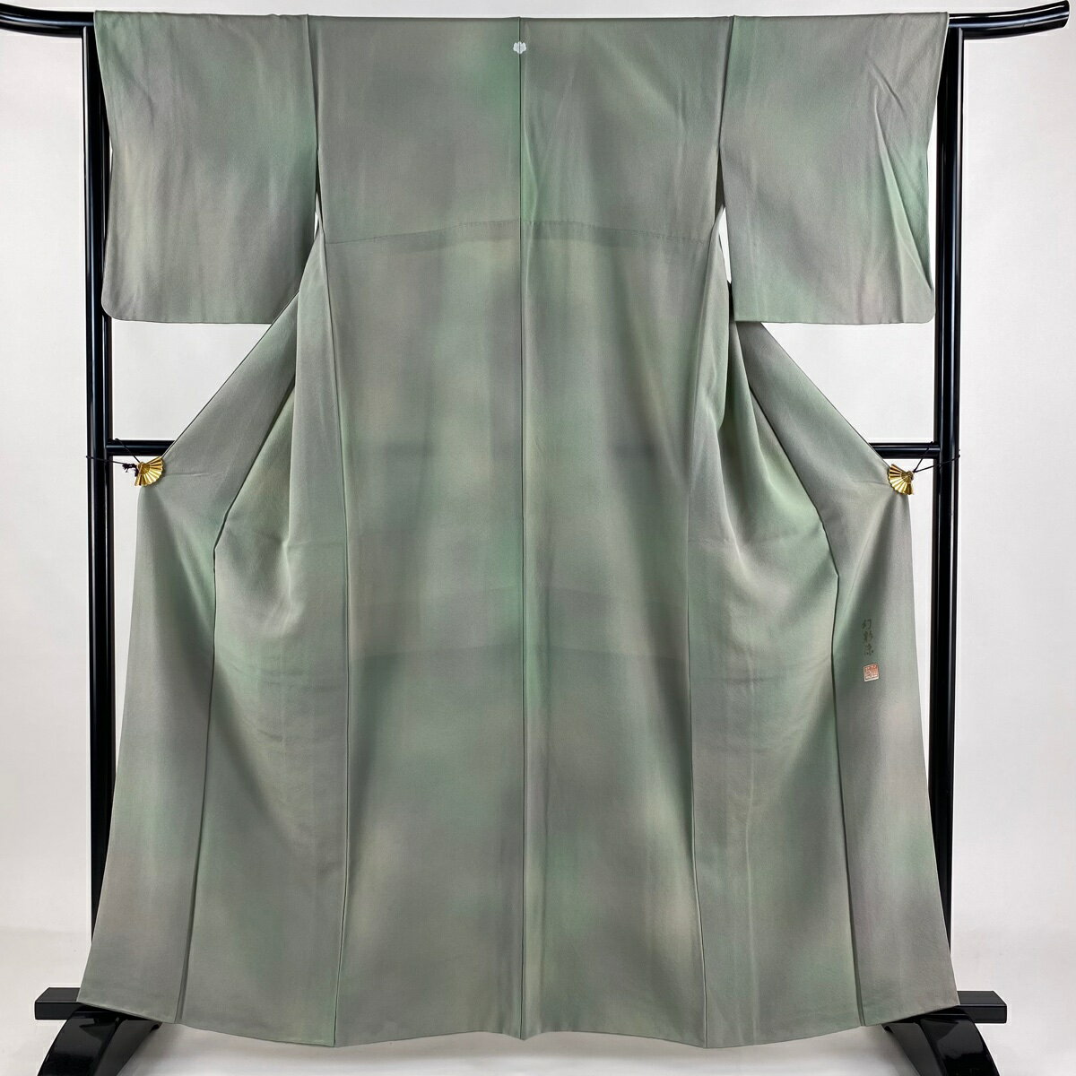 小紋 身丈160.5cm 裄丈65cm M 袷 落款あり ぼかし 薄緑 正絹 美品 秀品 一つ紋 【中古】