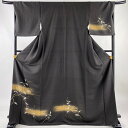 付下げ 身丈171.5cm 裄丈67.5cm L 袷 葉と実 霞 金彩 ぼかし 黒灰 正絹 秀品 【中古】