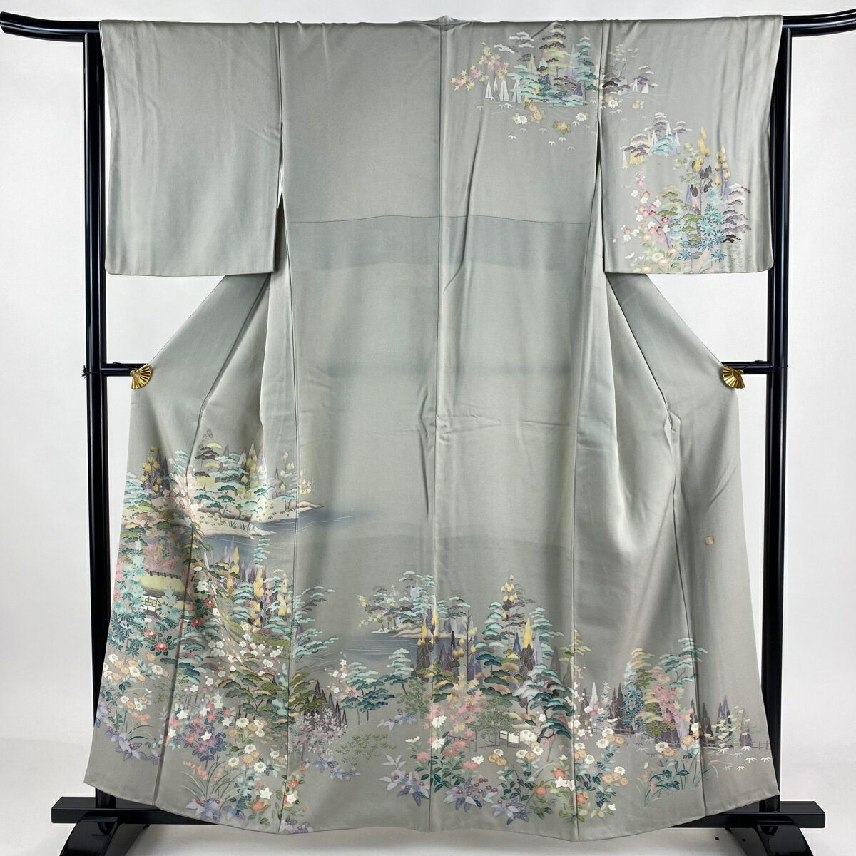 訪問着 身丈159cm 裄丈63.5cm S 袷 落款あり 家屋 松梅 ぼかし 灰茶 正絹 秀品 【中古】
