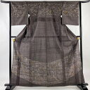 訪問着 身丈161.5cm 裄丈64cm M 単衣 紬地 枝葉 金彩 茶紫 正絹 美品 秀品 【中古】