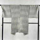 男着物 身丈103cm 裄丈70.5cm L 幾何学模様 段縞 灰色 正絹 美品 逸品 【中古】
