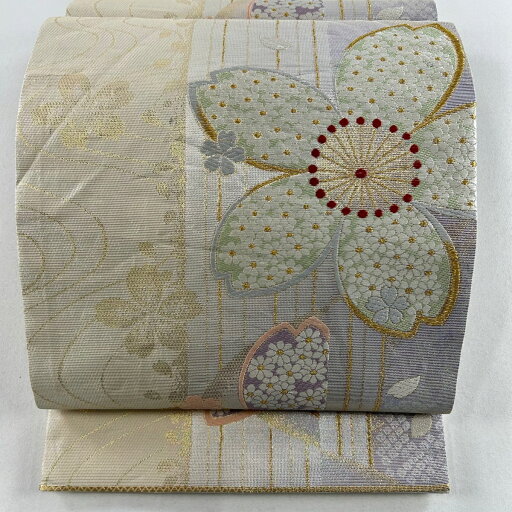 袋帯 秀品 桜 縞 唐織 箔 ベージュ 六通 正絹 【中古】 袋帯 秀品 桜 縞 唐織 箔 ベージュ 六通 正絹 【中古】