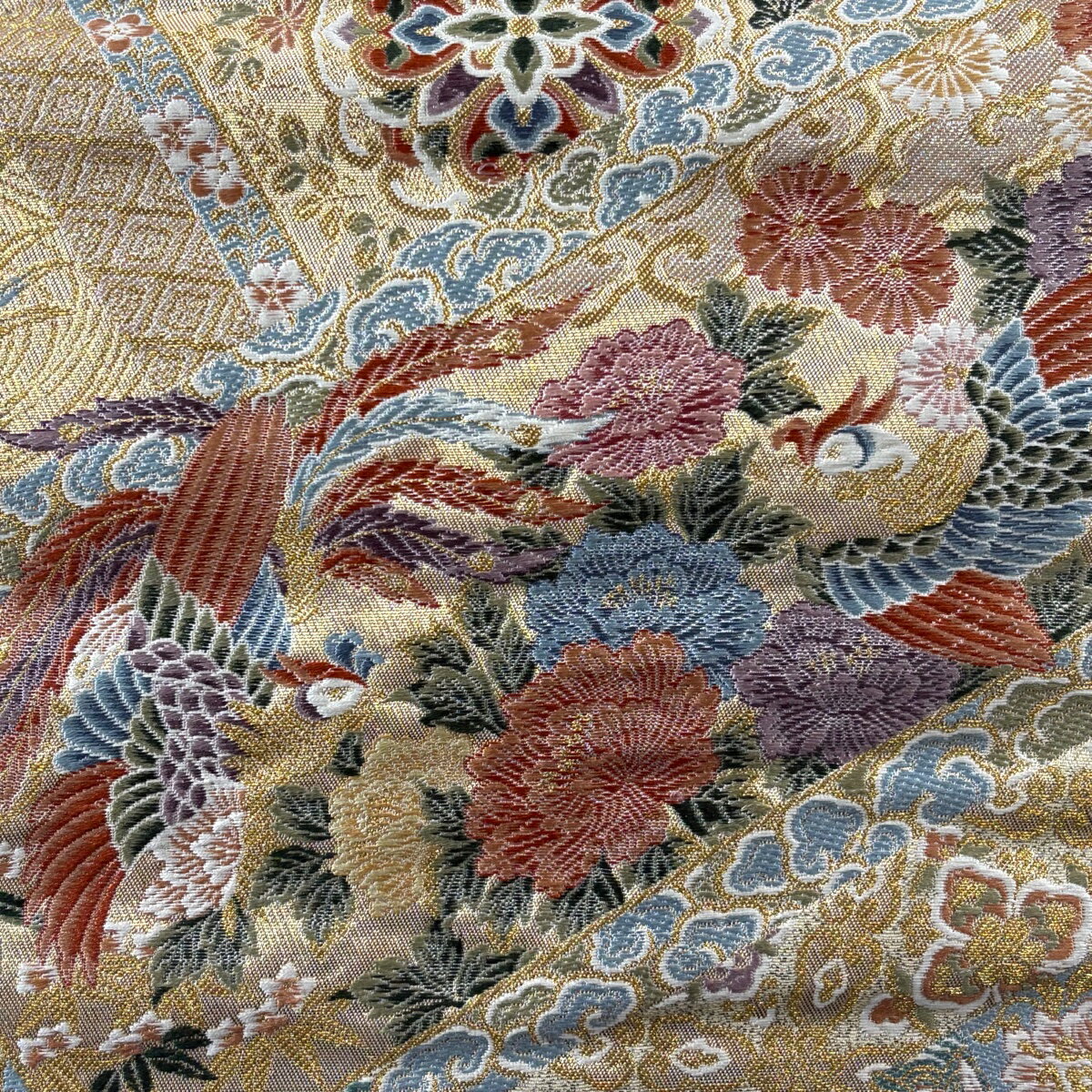 袋帯 秀品 関西仕立て 鳳凰 松竹梅 箔 金糸 金色 六通 正絹 【中古】