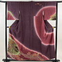 訪問着 身丈155cm 裄丈63cm S 袷 草花 波 銀通し 絞り 紫 正絹 美品 名品 【中古】