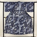 浴衣 身丈145.5cm 裄丈63cm S 絞り浴衣 花 流水 紺色 綿 名品 【中古】