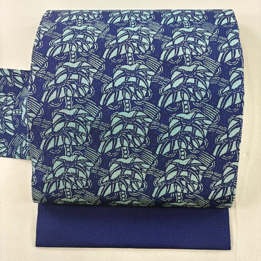 名古屋帯 秀品 笹 幾何学 青 正絹 【中古】 名古屋帯 秀品 笹 幾何学 青 正絹 【中古】