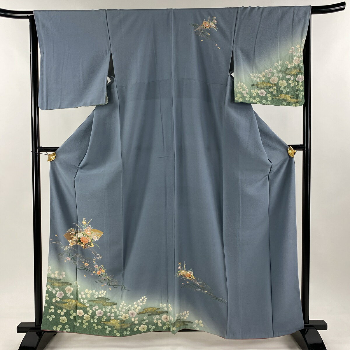 訪問着 身丈161.5cm 裄丈65.5cm M 袷 扇面 花車 金銀彩 絞り 青灰色 正絹 秀品 【中古】