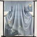 付下げ 身丈155cm 裄丈61cm S 単衣 草花 流水 刺繍 金銀彩 青灰色 正絹 名品 【中古】