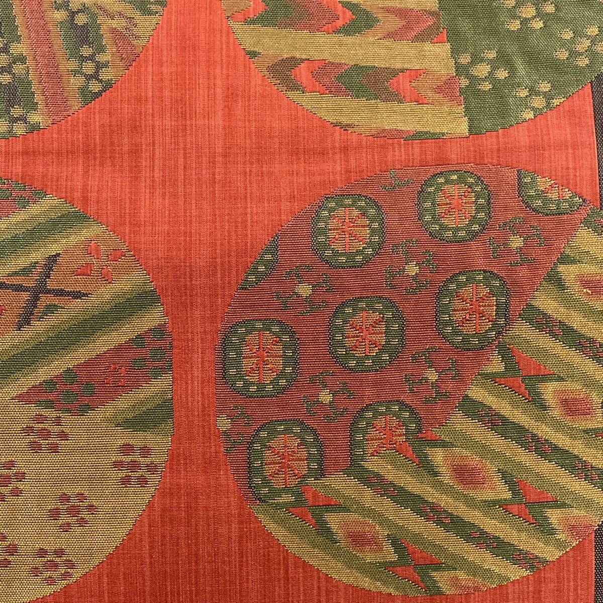 袋帯 美品 秀品 木屋太 落款あり 紬地 花 丸文 朱色 六通 正絹 【中古】