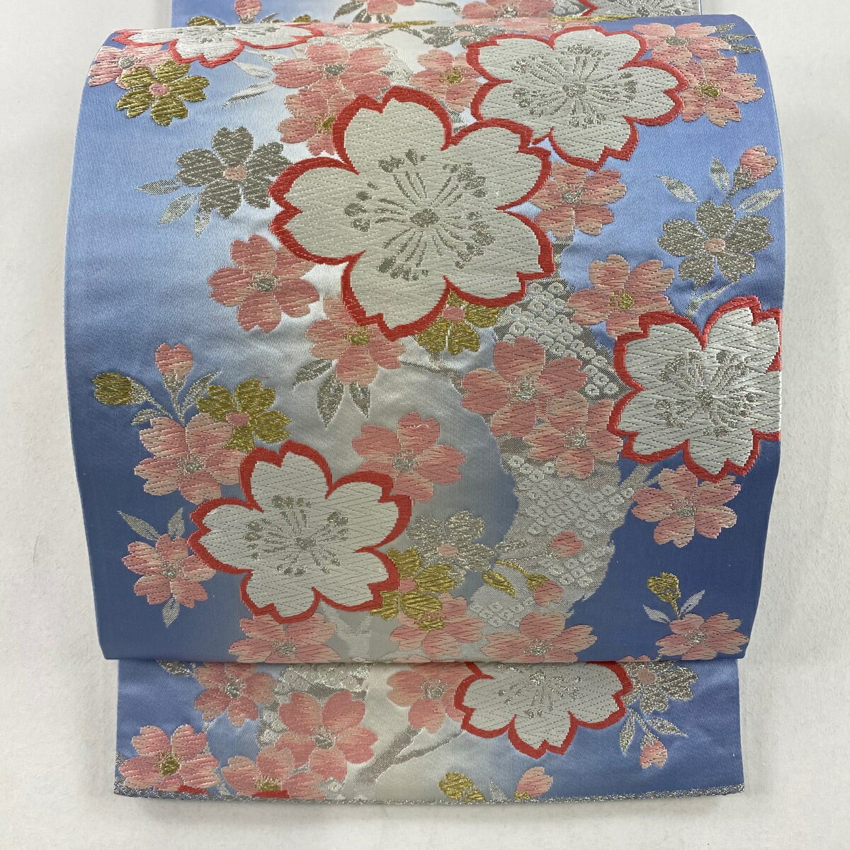 袋帯 秀品 関西仕立て やまと 桜 金銀糸 箔 青灰色 六通 正絹 【中古】