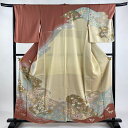 訪問着 身丈157cm 裄丈66.5cm M 袷 松竹梅 草花 金糸 金銀彩 サーモンピンク 正絹 名品 【中古】