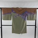 道行 身丈102cm 裄丈65cm M 三本賢 和装コート 被布衿 草花 灰緑 正絹 逸品 【中古】