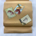 名古屋帯 名品 さるかに合戦絵柄 薄オレンジ 正絹 【中古】