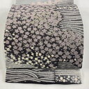 袋帯 美品 逸品 滝泰 落款あり 桜 波 銀通し 刺繍 灰色 お太鼓柄 正絹 【中古】