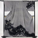 訪問着 身丈158cm 裄丈63.5cm S 袷 草花 流水 絞り 金彩 黒 正絹 美品 名品 【中古】