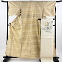 訪問着 身丈160cm 裄丈65cm M 単衣 袋帯セット 横縞 幾何学 ベージュ 正絹 美品 名品 【中古】