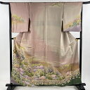 訪問着 身丈159cm 裄丈64.5cm M 袷 風景 辻が花 銀通し 金彩 薄ピンク 正絹 逸品 【中古】