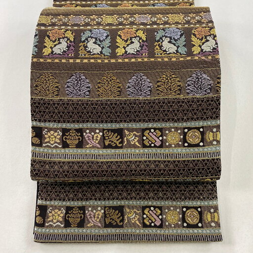 袋帯 名品 文龍名物裂 金銀糸 刺繍 焦茶色 六通 正絹 【中古】 msp30 袋帯 名品 文龍名物裂 金銀糸 刺繍 焦茶色 六通 正絹 【中古】 msp30