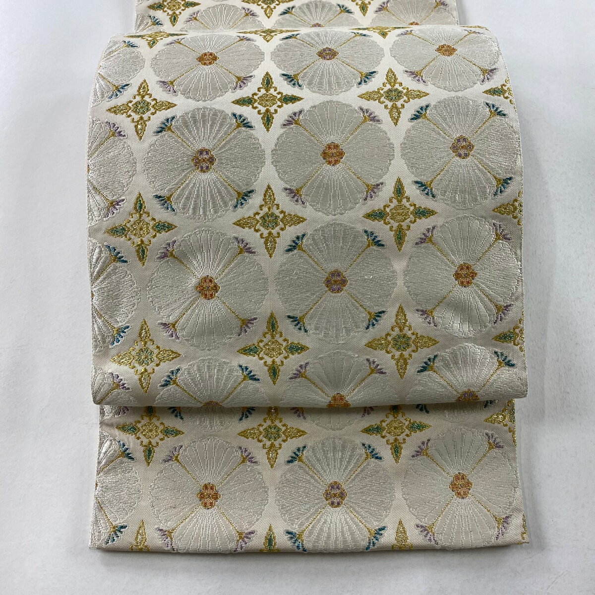 袋帯 美品 名品 やまと 花 幾何学 箔 金銀糸 クリーム 六通 正絹 【中古】