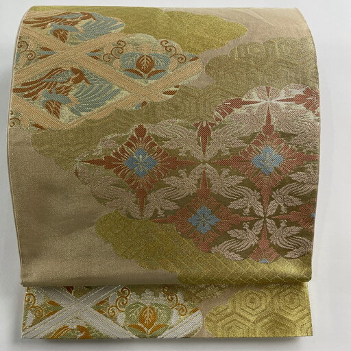 袋帯 名品 川島織物 落款あり 花菱七宝 雲文 箔 金糸 金色 六通 正絹 【中古】 msp30 袋帯 名品 川島織物 落款あり 花菱七宝 雲文 箔 金糸 金色 六通 正絹 【中古】 msp30