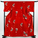 小紋 身丈162.5cm 裄丈67cm M 袷 うさぎ 桜 赤 化繊 美品 優品 【中古】