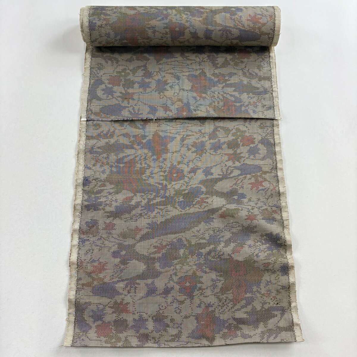 反物 秀品 紬 草花 灰色 正絹 【中古】