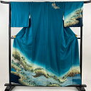 訪問着 身丈158cm 裄丈66.5cm M 袷 草花 流水 絞り ぼかし 青緑 正絹 名品 【中古】