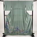 色留袖 身丈161.5cm 裄丈65.5cm M 袷 落款あり 花器 草花 薄緑 正絹 名品 一つ紋 【中古】