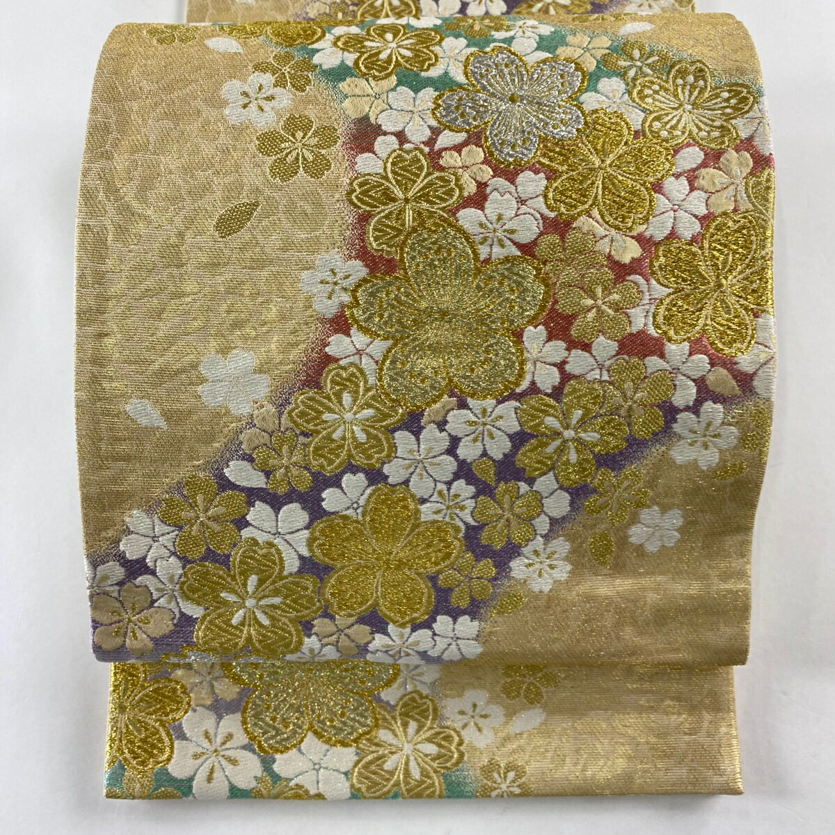 袋帯 美品 秀品 桜 金銀糸 ラメ箔 金色 六通 正絹 【中古】