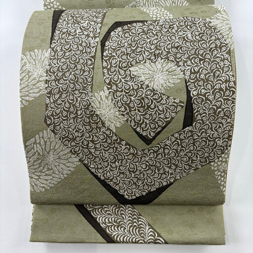 袋帯 美品 名品 花 葉柄 抹茶色 お太鼓柄 正絹 【中古】 袋帯 美品 名品 花 葉柄 抹茶色 お太鼓柄 正絹 【中古】