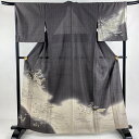 付下げ 身丈162.5cm 裄丈67.5cm L 単衣 紬地 建物 松竹梅 ぼかし 灰茶 正絹 名品 【中古】
