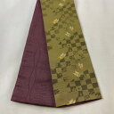 半幅帯 美品 優品 蝶 草花 金糸 鶯色 化繊 【中古】