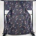 紬 身丈162.5cm 裄丈65cm M 単衣 楓 灰紫 正絹 秀品 【中古】