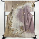 訪問着 身丈165cm 裄丈68.5cm L 袷 扇面 草花 金彩 染め分け 薄茶色 正絹 秀品 【中古】