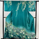 訪問着 身丈155cm 裄丈63cm S 袷 落款あり 辻が花 金彩 ぼかし 青緑 正絹 秀品 【中古】