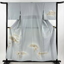 付下げ 身丈157cm 裄丈62.5cm S 単衣 落款あり 草花 霞 金銀糸 金銀彩 青灰色 正絹 秀品 【中古】