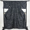 小紋 身丈167cm 裄丈67.5cm L 袷 紬地 花唐草 蝶 墨色 正絹 秀品 【中古】