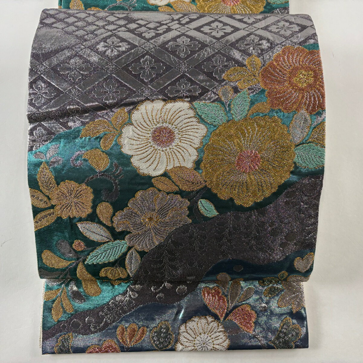 袋帯 美品 秀品 草花 金銀糸 箔 青緑 全通 正絹 【中古】 msp30