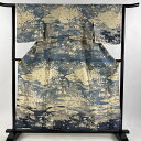 訪問着 身丈158cm 裄丈63.5cm S 単衣 紬地 建物 松竹梅 金彩 青灰色 正絹 美品 逸品 【中古】