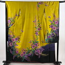 振袖 身丈156.5cm 裄丈66cm M 袷 蝶 草花 金彩 ラメ からし色 正絹 秀品 【中古】