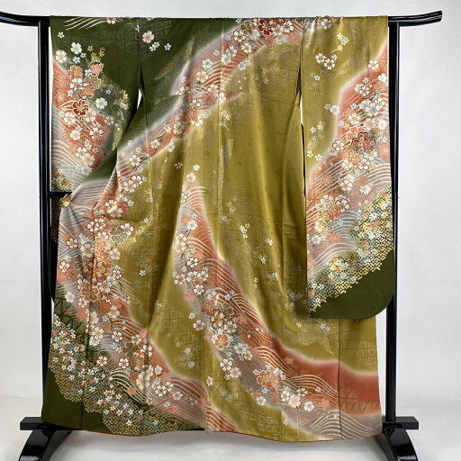振袖 身丈161cm 裄丈63.5cm S 袷 谷崎潤一郎の世界 落款あり 枝垂れ桜 七宝 金糸 金銀彩 茶緑色 正絹 秀品 【中古】 振袖 身丈161cm 裄丈63.5cm S 袷 谷崎潤一郎の世界 落款あり 枝垂れ桜 七宝 金糸 金銀彩 茶緑色 正絹 秀品 【中古】