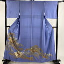 色留袖 身丈158cm 裄丈65.5cm M 袷 和田光正 落款あり 檜扇 松 金銀彩 水色 正絹 名品 一つ紋 【中古】
