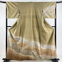 【在庫一掃】 付下げ 身丈158cm 裄丈67cm M 袷 牛首紬地 落款あり 松 山並み ぼかし ベージュ 正絹 美品 逸品 【中古】